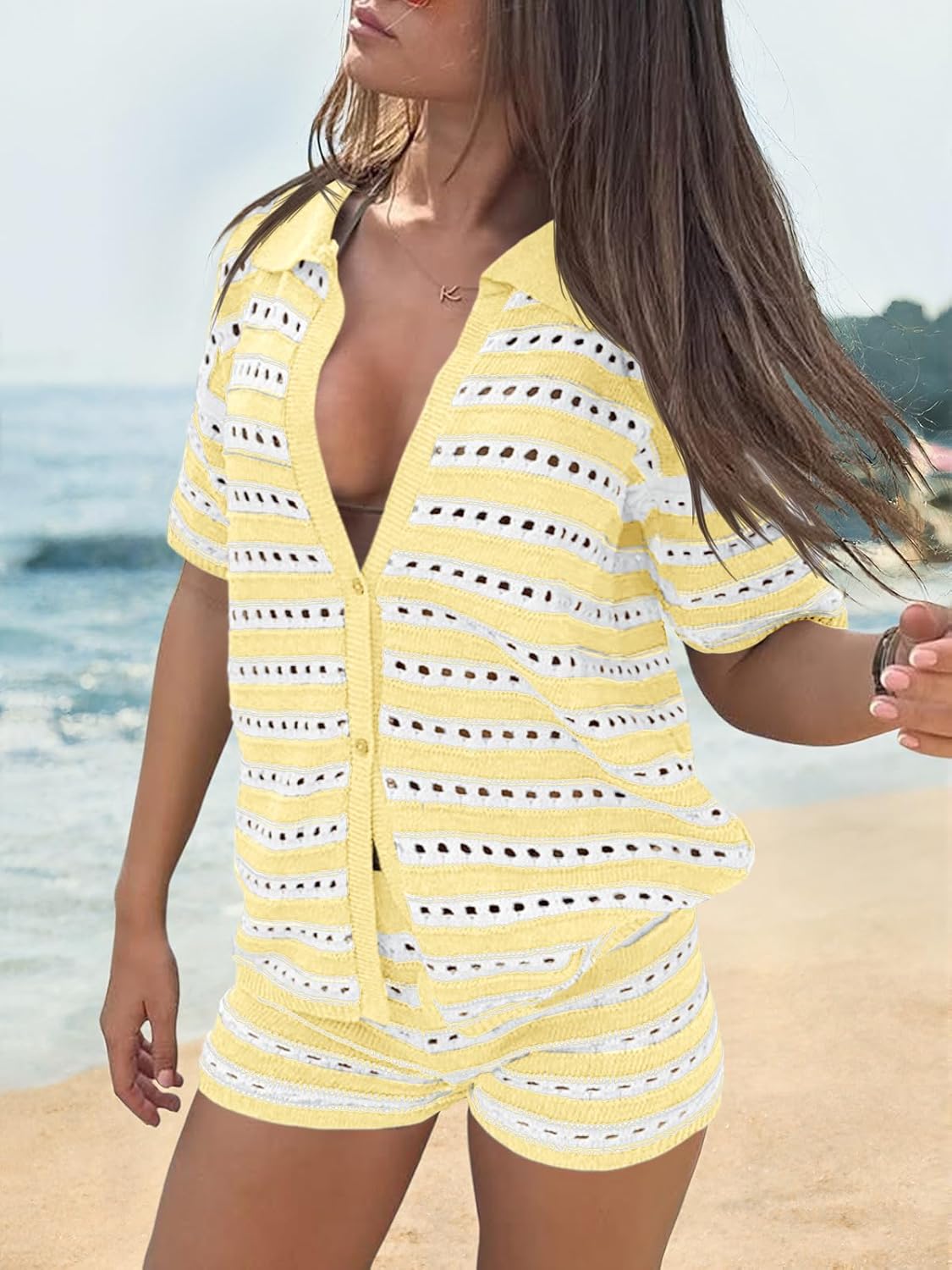 Saodimallsu Womens Crochet Swimsuit Coverup Summer 2 Piece Outfits Striped Knit Short Sleeve Button Shirts Shorts Sets