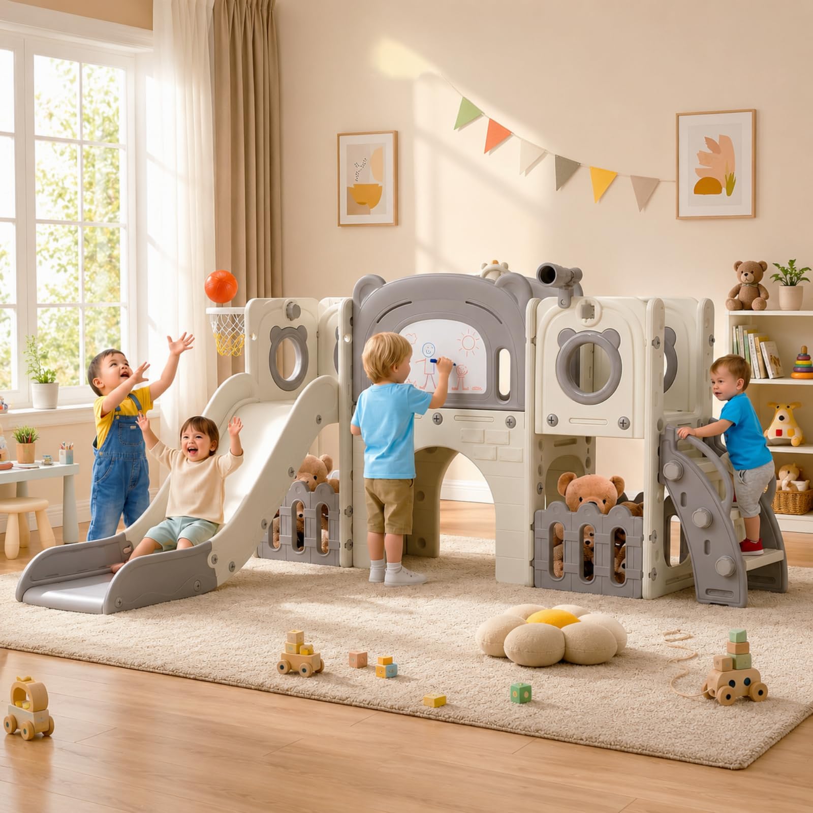 MAMIZO 10 in 1 Scivolo per Bambini,Scivolo per Bambini da Esterno,Grigiastr | Scivolo Giocattolo da Interno o Esterno Canestri da Basket e Telescopi,Spazio Deposito e Tunnel,Tavolo da Disegno,4PCS Moduls