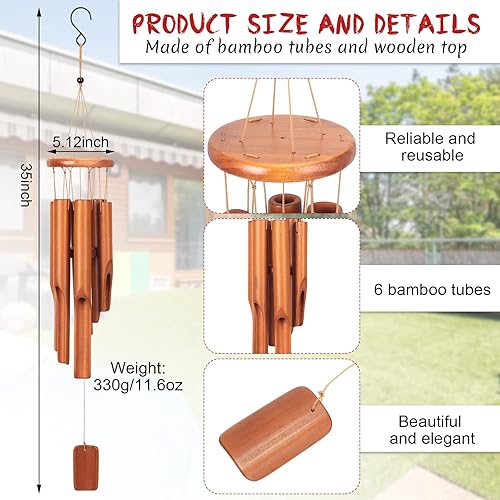 Miniatura 2 de Hoteam 2 carillones de viento de bambú para exteriores, 35 pulgadas, campanillas de viento de madera clásicas zen rústicas, tono profundo para