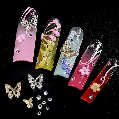 Miniatura 6 de Dijes de mariposa 3D para uñas, aleación de metal, mariposas doradas y plateadas con diamantes de imitación para decoración de uñas