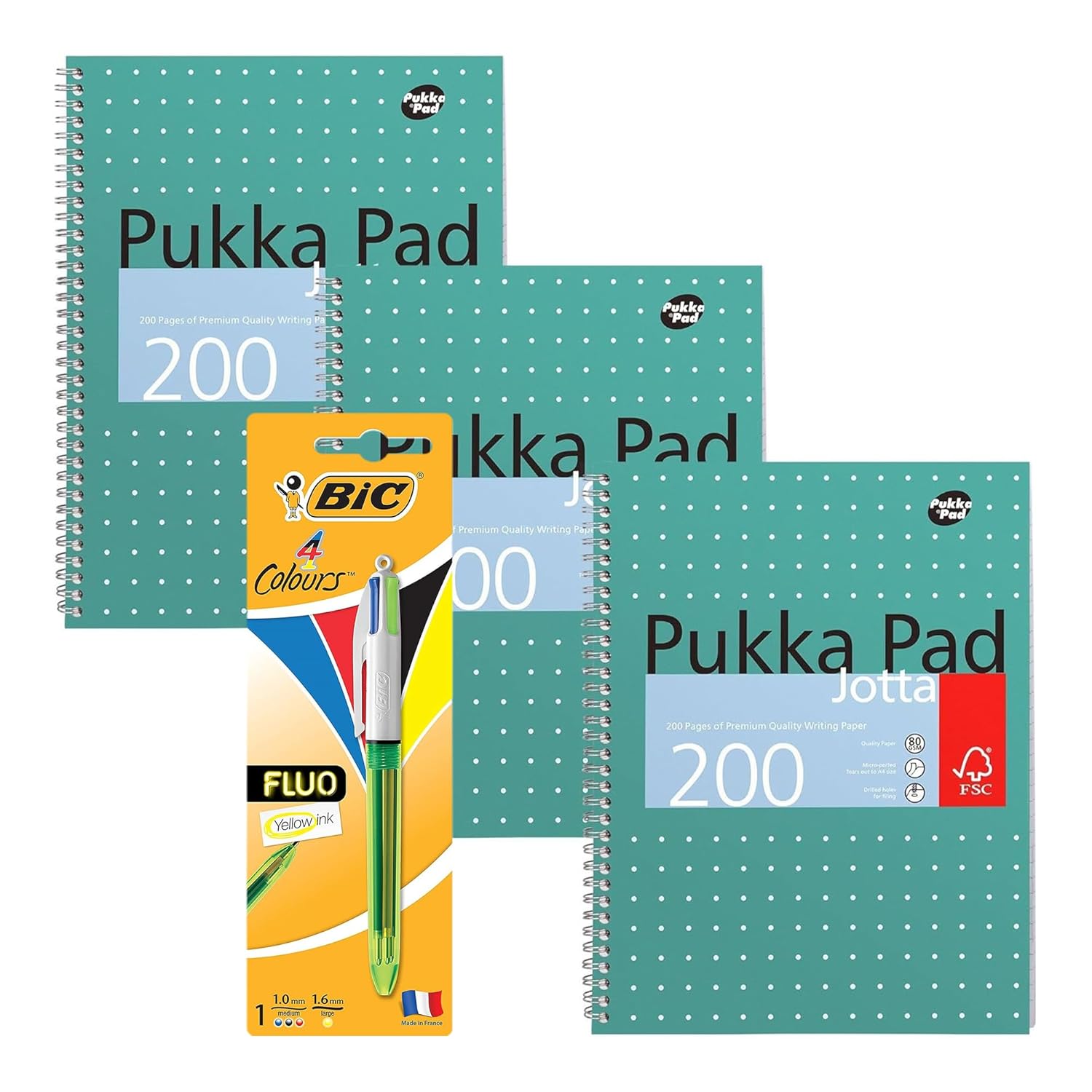BIC 4 Colours Fluo Ballpoint Pen With Bright Fluorescent Yellow Barrel & Pukka Pad A4 Metallic Jotta 3 Pack Wirebound Notebook 8mm Lines 80GSM Paper for Students and Creative Projects