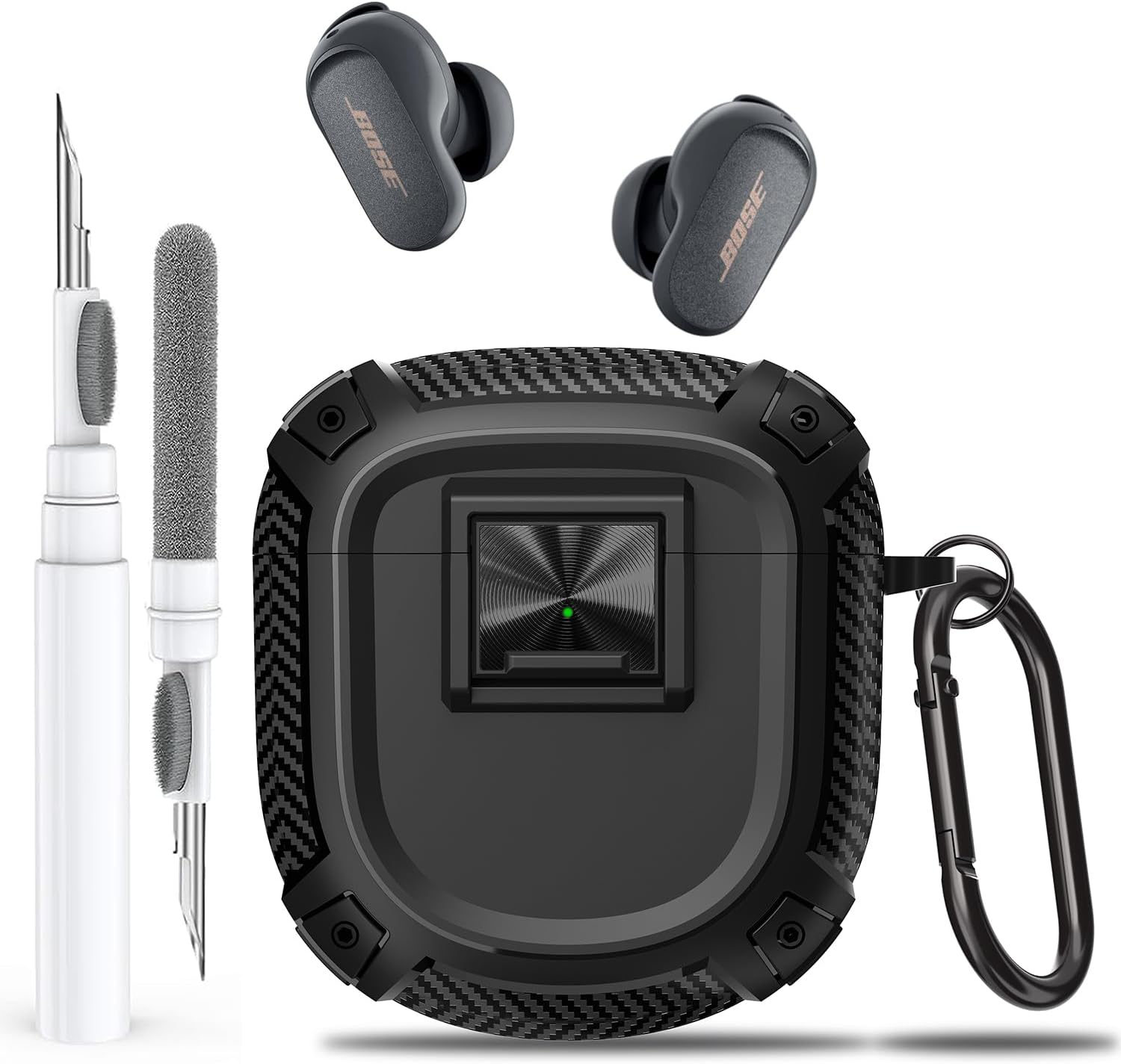 Olytop Case Cover for New Bose QuietComfort Earbuds II (2022) & Ultra (2023) with Lock Clip, Rugged Shockproof Protective Hard Skin with Carabiner Men Women for Bose QC 2 / Ultra - Black