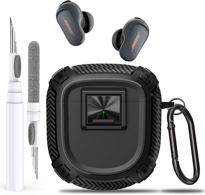 Olytop for New Bose QuietComfort Ultra Earbuds (2nd Gen 2025)/Ultra 2023/II 2022 Case Cover with Lock Clip&Cleaner kit, Rugged Shockproof Protective Bose QC Ultra 2 Hard Skin with Carabiner - Black