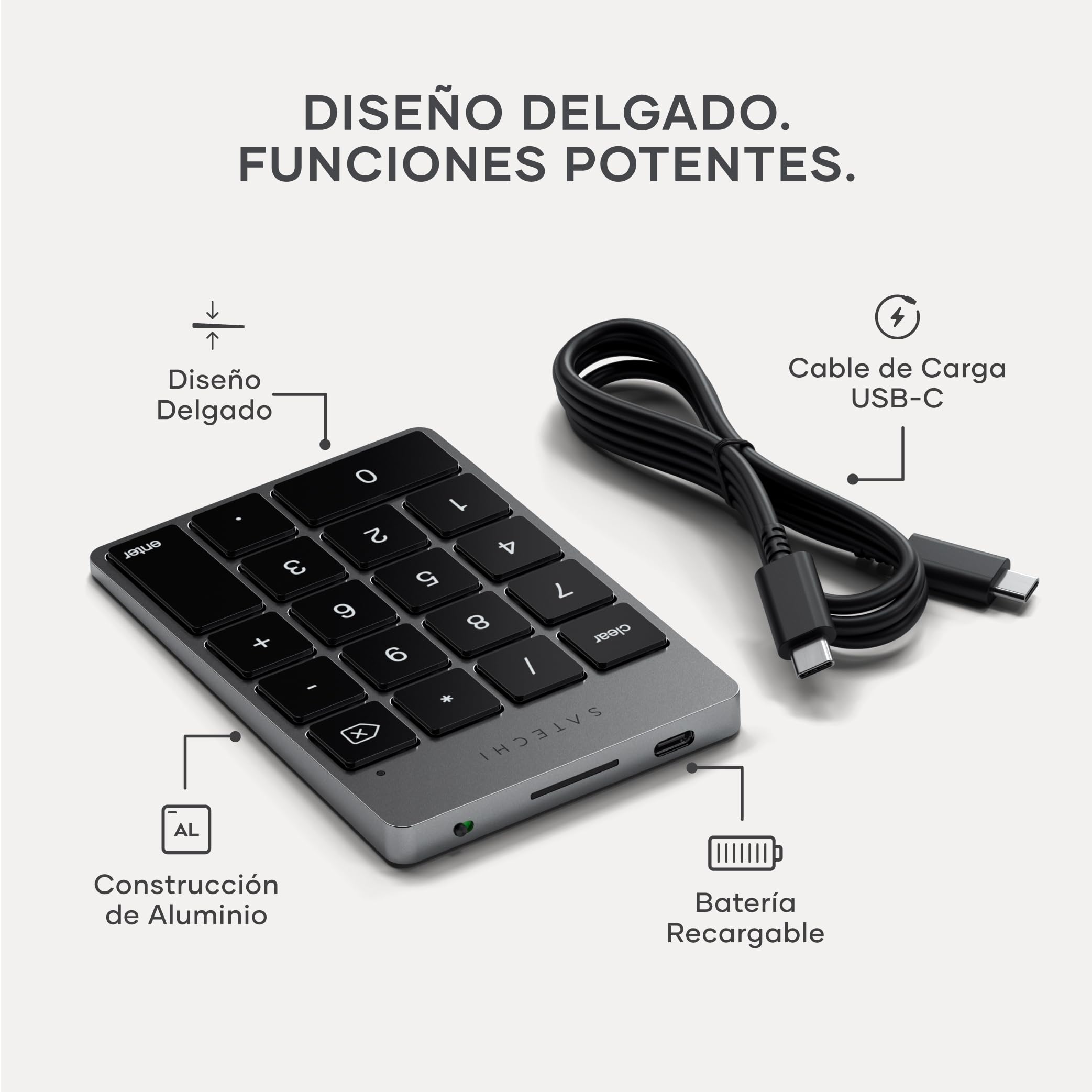 SATECHI Teclado Numérico Inalámbrico Slim de Aluminio con 18 Teclas, Bluetooth, Recargable USB-C para MacBook, Portátil, PC, iPad (Gris Espacial, 𝗟𝗮𝘆𝗼𝘂𝘁 𝗨𝗦)