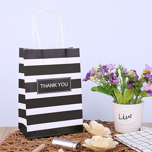 Miniatura 7 de Ronvir 50 bolsas de regalo de 5.25 x 3.25 x 8 pulgadas, color blanco y negro, bolsas de papel pequeñas para negocios, recuerdos de fiesta,
