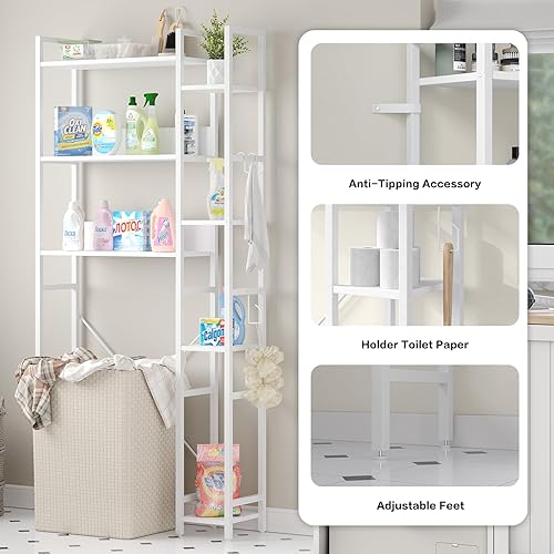 Miniatura 4 de Estante de almacenamiento sobre el inodoro con soporte de papel higiénico, organizador de baño con ganchos, estante de inodoro que ahorra espacio,