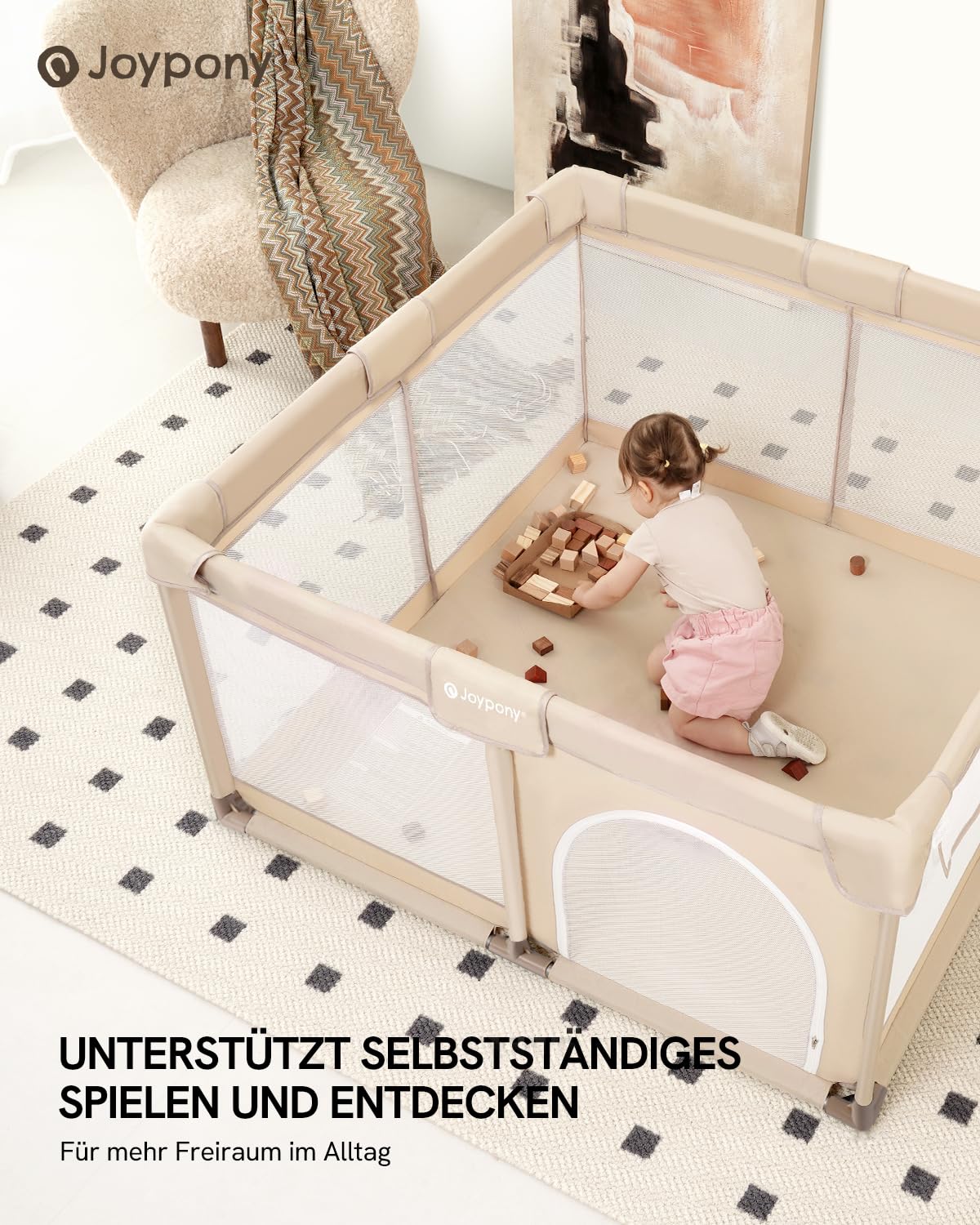 Joypony Parc pour bébé - 127 x 127 cm - Avec filet respirant à 360° - Ventouses antidérapantes - Zone de jeu stable pour bébés et tout-petits - Parc d'intérieur - Beige clair