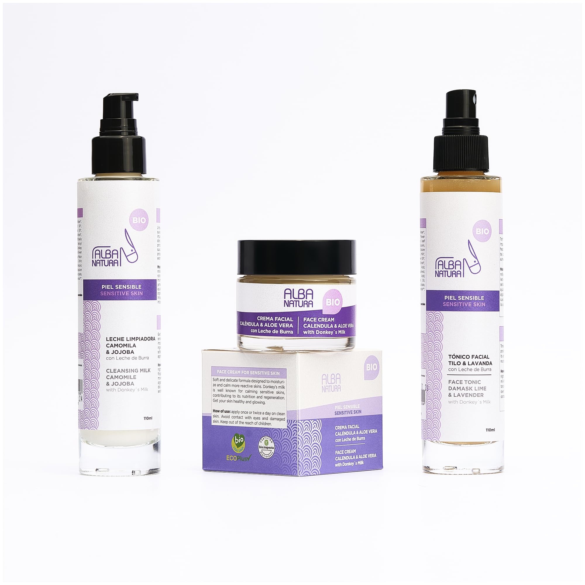 Pack de Cuidado Facial Diario Piel Sensible - Contiene Leche Limpiadora, Tónica Facial y Crema Facial - Hidratación y Limpieza - ALBA NATURA
