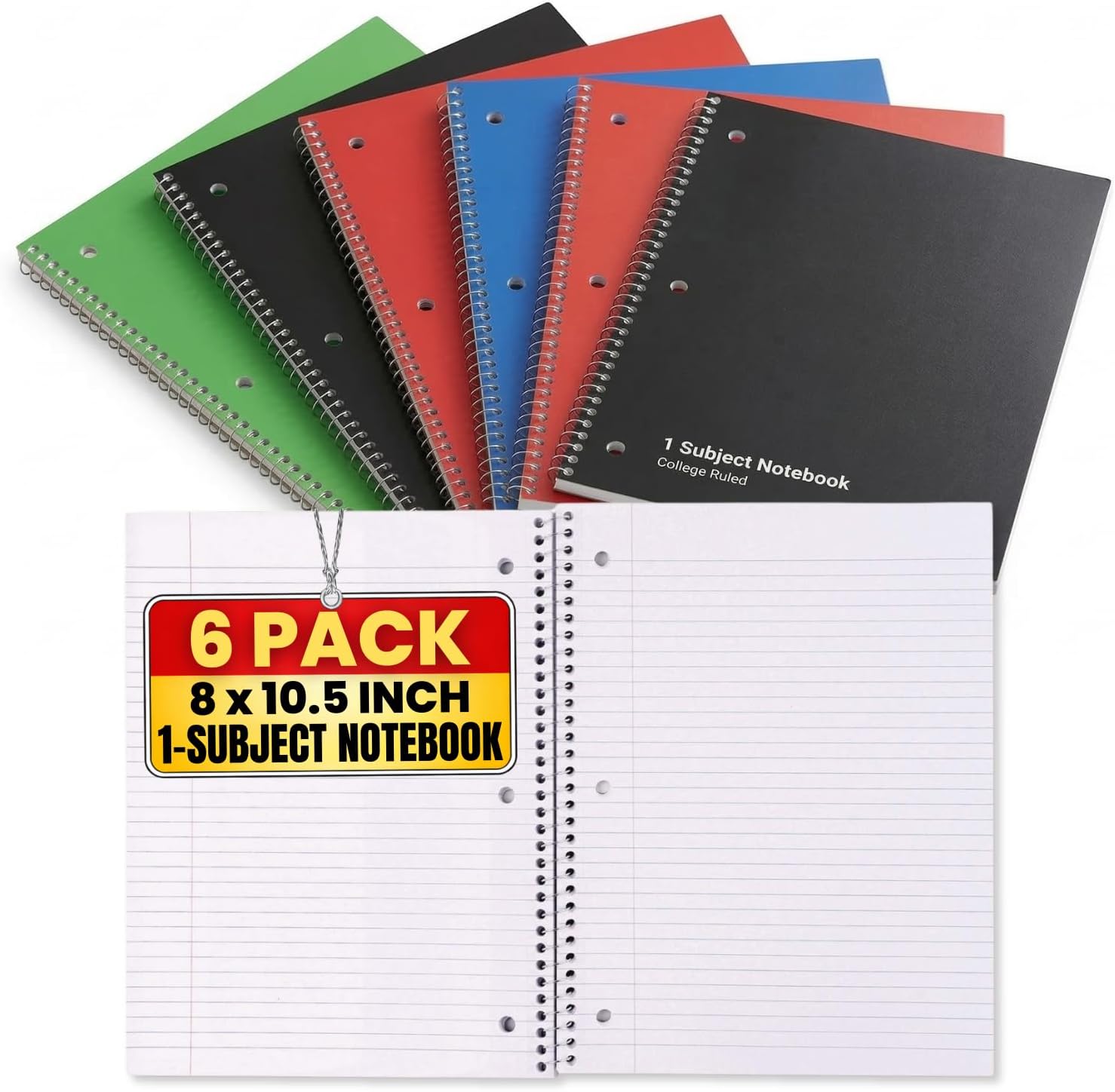 1InTheOffice College Ruled Spiral Notebook 8x11, Spiral Notebook, 1-Subject Notebooks, Wirebound Spiral Notebooks, 70 Sheets (6 Pack) (Black)