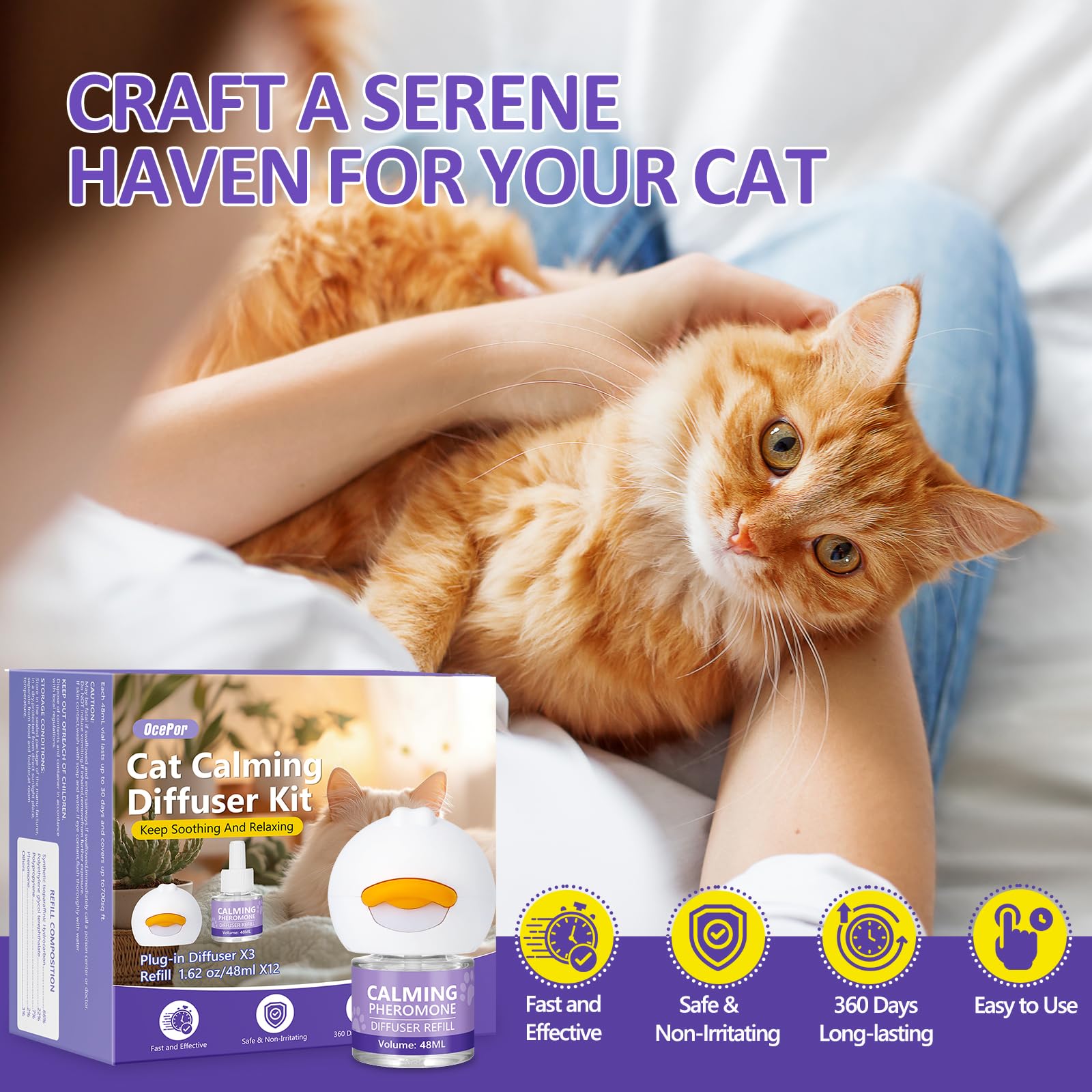 OcePor Cat Calming Diffuser 12 Refill Solutions, 3 Plugs- Cat Pheromones Calming Diffuser Refill, Pheromone Diffuser to Calm Cats, Cat Anxiety Relief - image 5