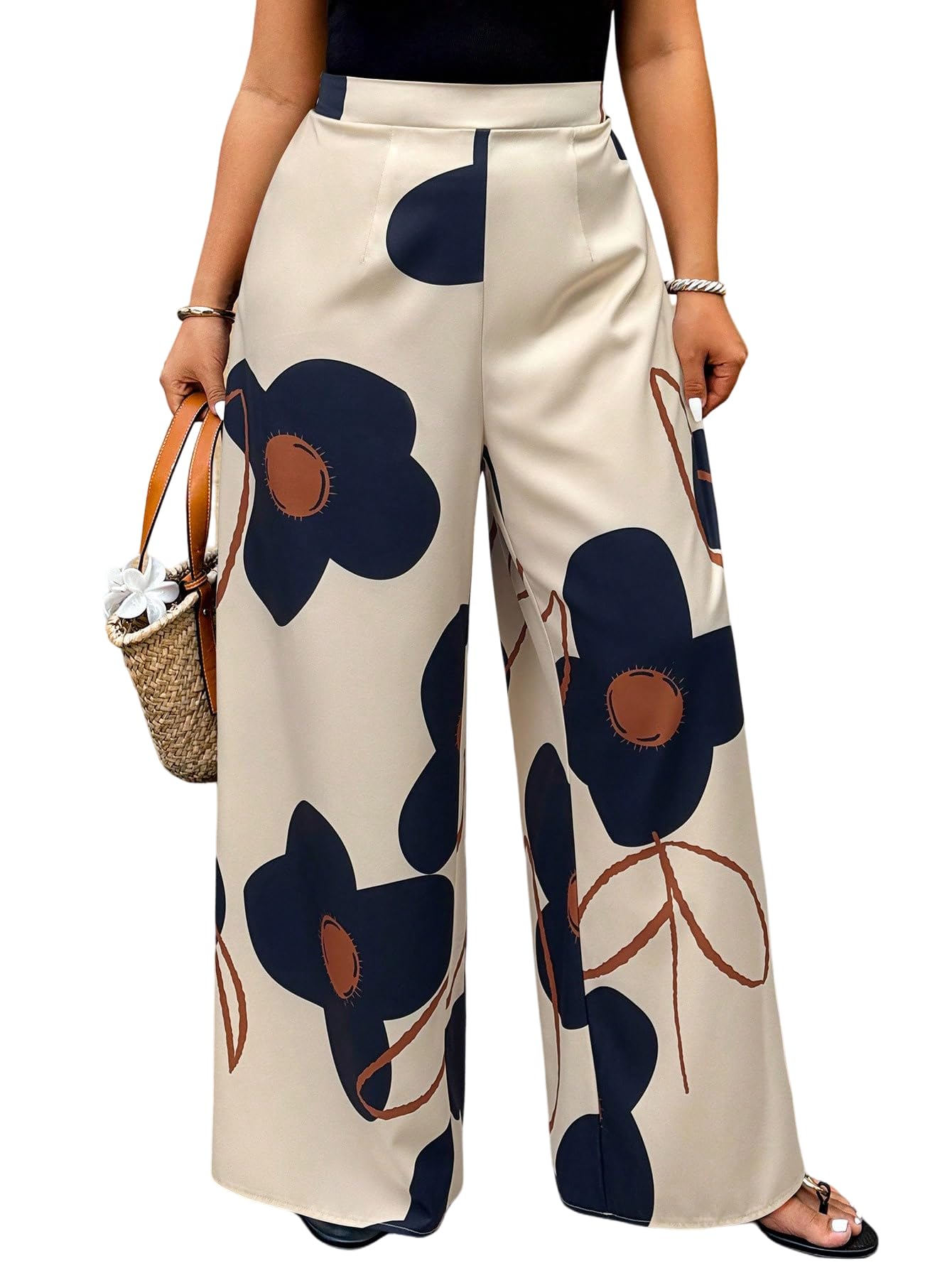 Floerns Womens Plus Size Floral Wide Leg Palazzo Pants Elastic High Waist Trousers