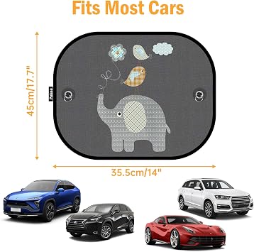 Car Sun Shades for Baby, 2 Pack Mesh Window Shade Baby Kids Pet with Cute Animal Motifs, Side Window Screens for SUV, 17x14 Universal Car Sun Shades with Suction Cups