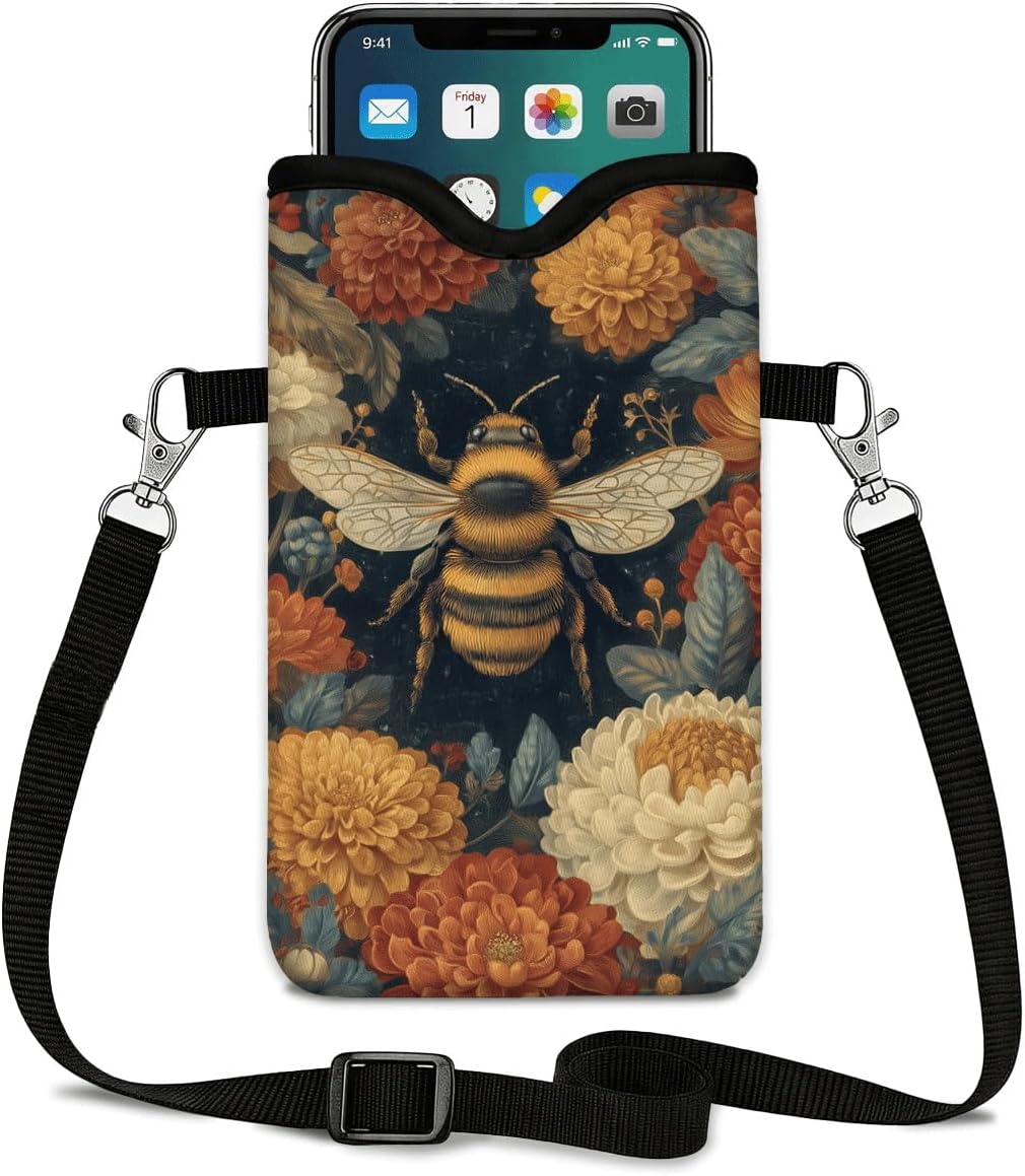 Neoprene Phone Sleeve Pouch Case Bag for Women Men with Crossbody Strap, 7.1x3.9 in, Shockproof Mobile Protection Case Bag with Neck Lanyard, Fits Most Phones, Bumblebee Floral Garden