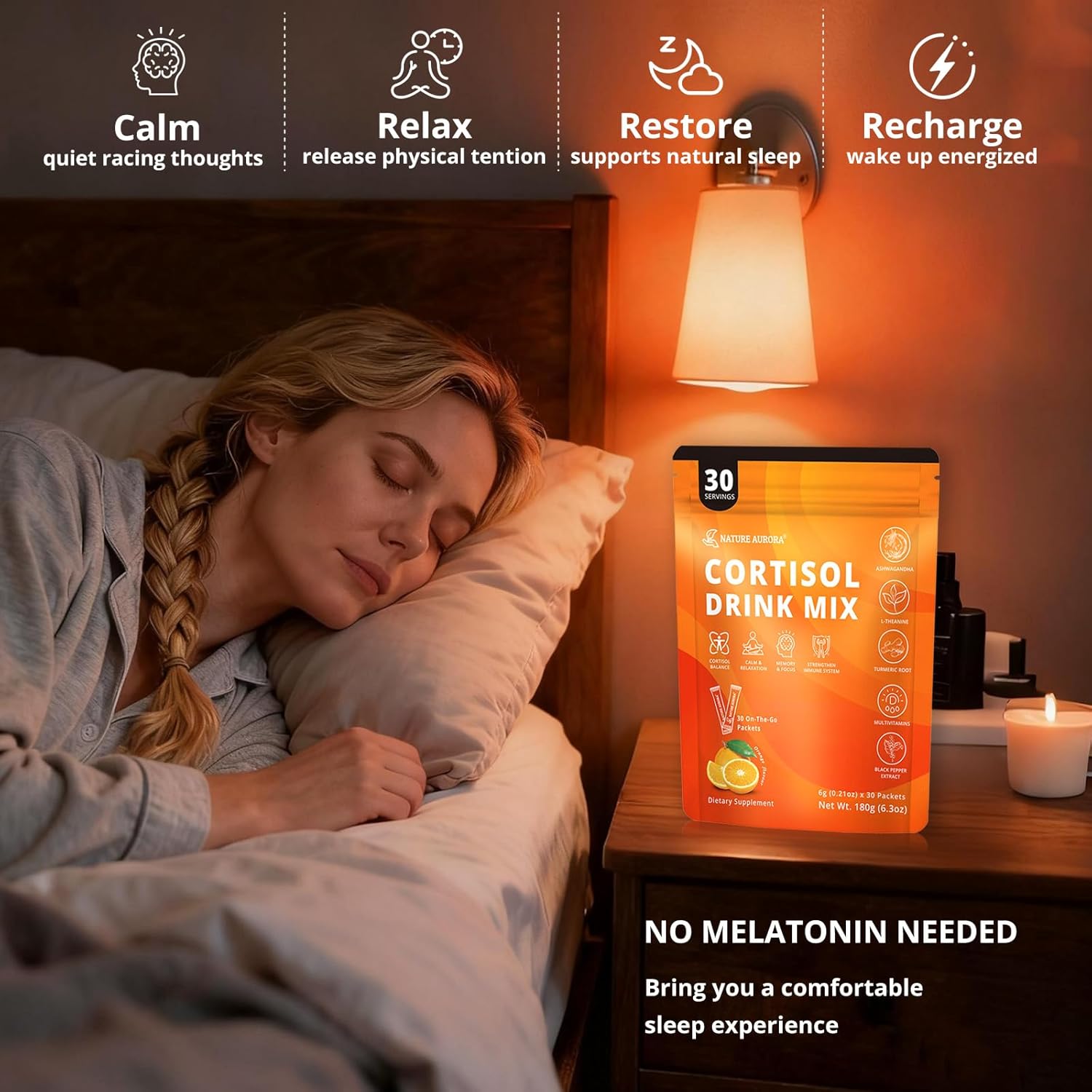 Cortisol Drink Mix Powder with Magnesium Glycinate, L-Theanine, Ashwagandha & Vitamin For Relax, Focus & Calm, Natural Cortisol Supplement for Women and Men, Orange Flavor, 30 Sticks