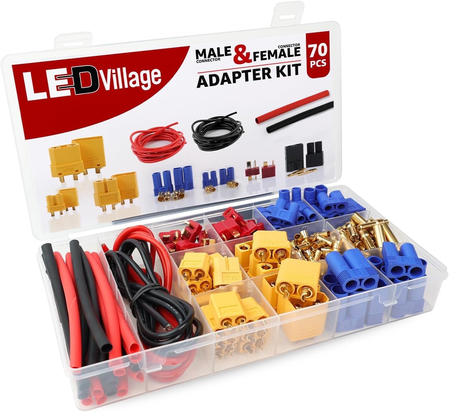 82pcs T-Plug / XT30 / XT60 / XT90 / EC3 / EC5 Male & Female Plug Adapter Connectors Kit 14 AWG Silicone Wire and Heat Shrink Tubing for RC Lipo Battery ESC Motor