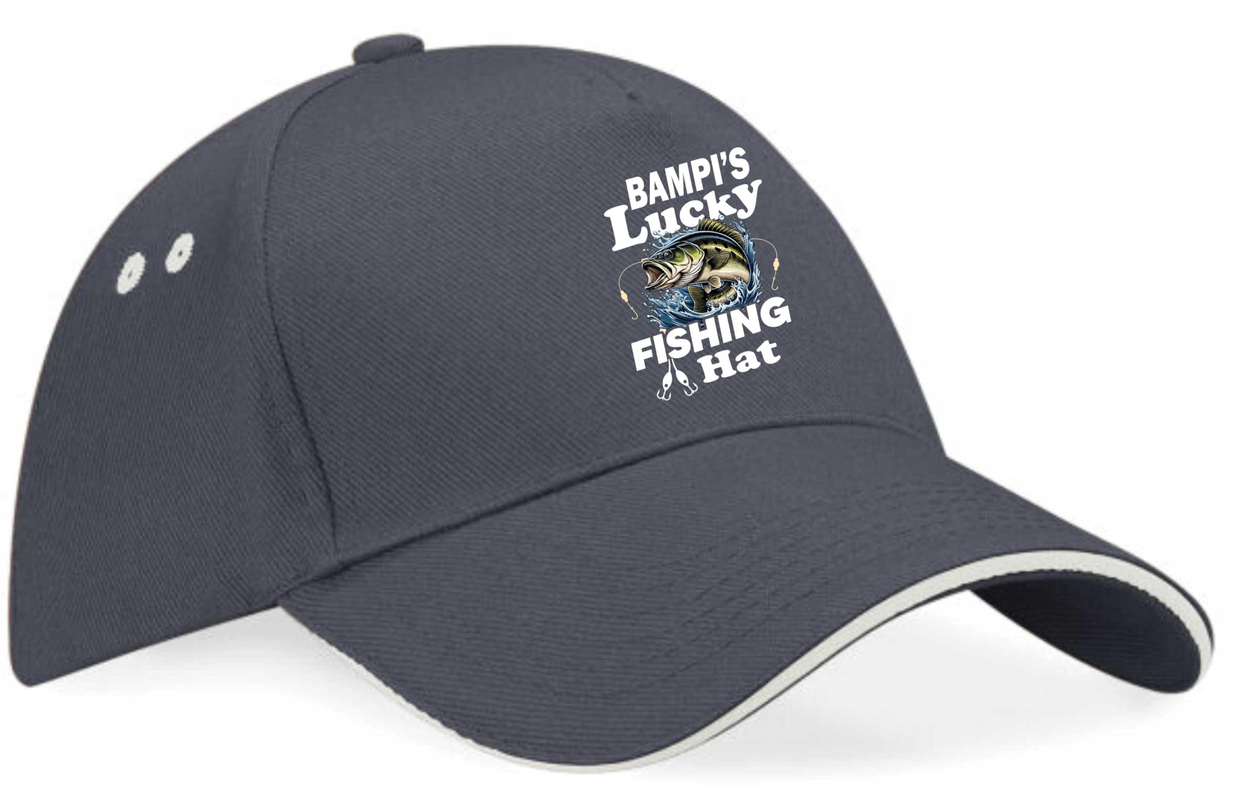 Print4U Bampi's Lucky Fishing Baseball Cap Anglers Gift Father's Day Birthday Grey