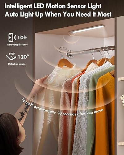 Miniatura 4 de BLS Luces LED para armario, 52 luces LED con sensor de movimiento para interiores, luces para debajo del gabinete, luces recargables USB-C para