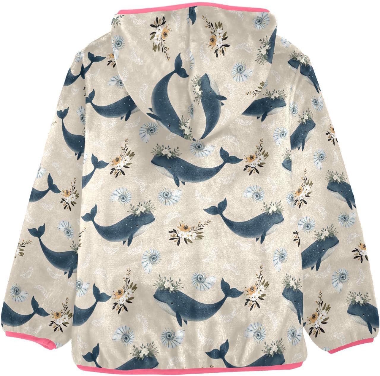 Girls Hoodie Outfit Blue Whale Floral Pattern Zipper Sweatshirt Coat Fleece Jacket for Kids 3-10T