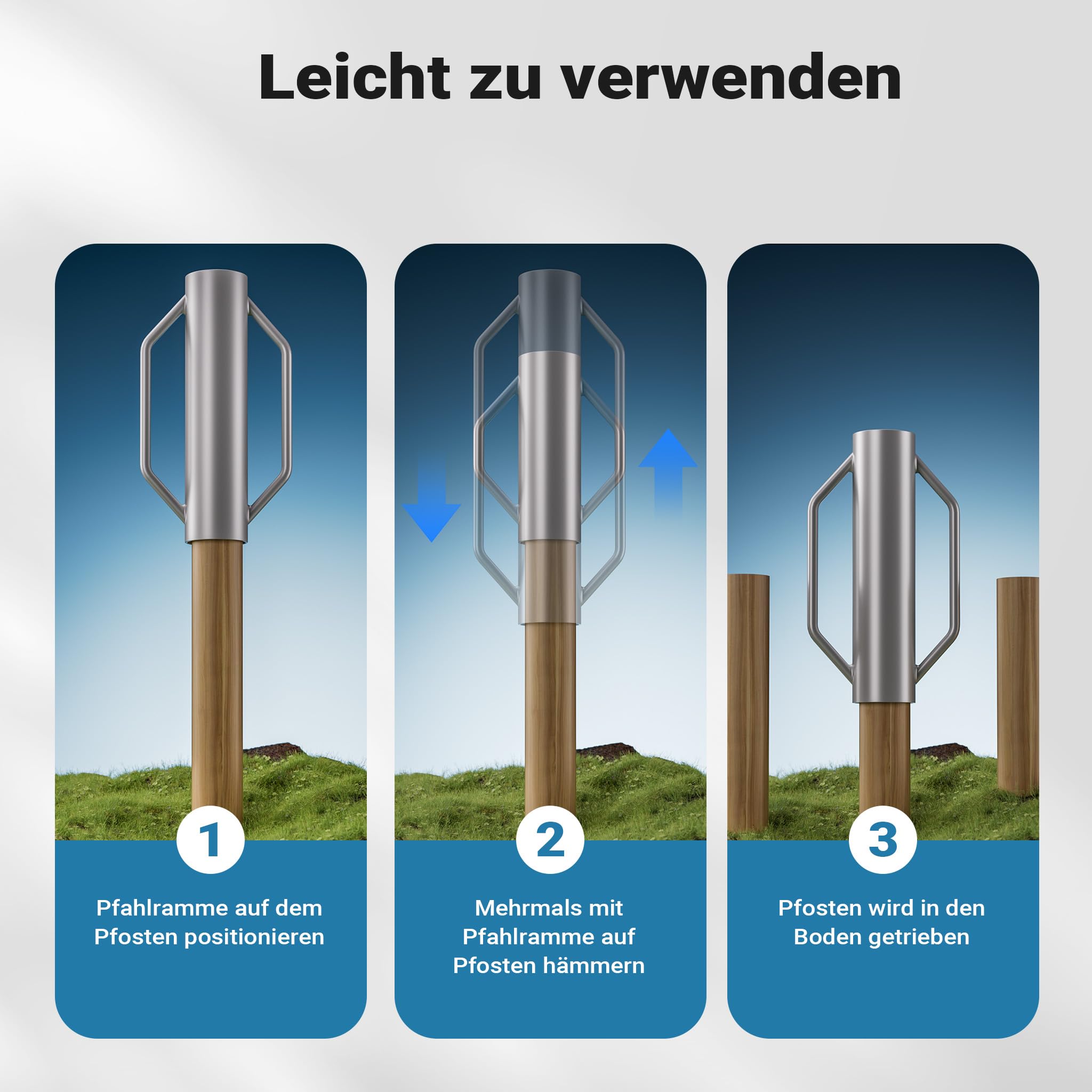 Wiltec Handramme Ø14 cm Zaunpfahlramme mit Handgriffe, Pfahlramme aus Stahl, Pfostenramme für Zaunbau und Bodenverdichtung