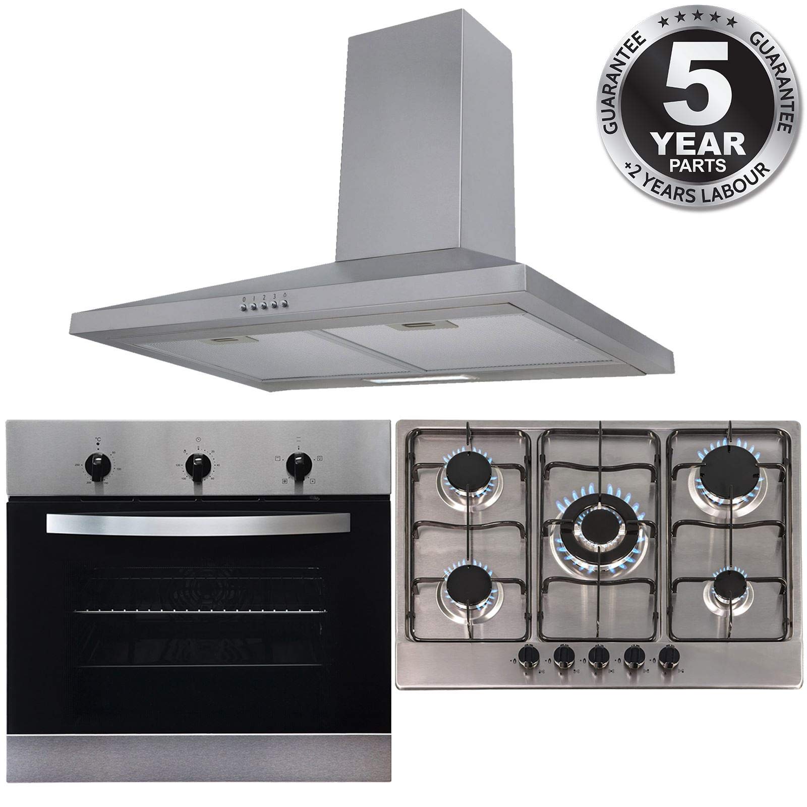 SIA 60cm Stainless Steel Single Oven, 70cm 5 Burner Gas Hob And Chimney Hood Fan — view 9