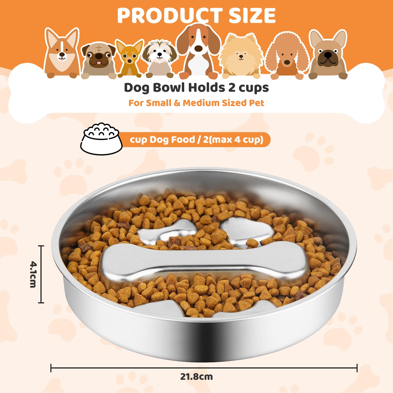CharmBurst Langsam Fressnapf 2 Cups 304 Stainless Steel Slow Feeder Bowl, Metal Non-Slip Lick Mat, Puppy or Cat Feeding Bowl - Image 2