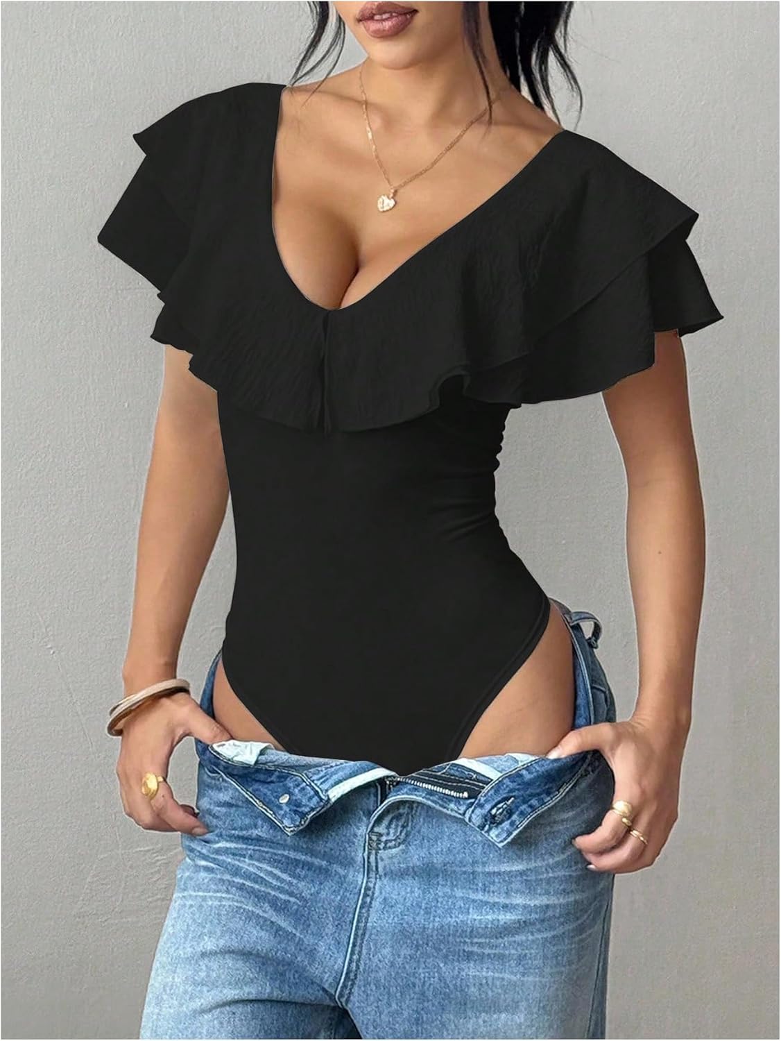 Milumia Women's Ruffle V Neck Short Sleeve Bodysuit Sexy Backless Going Out Leotard Tops - Image 2
