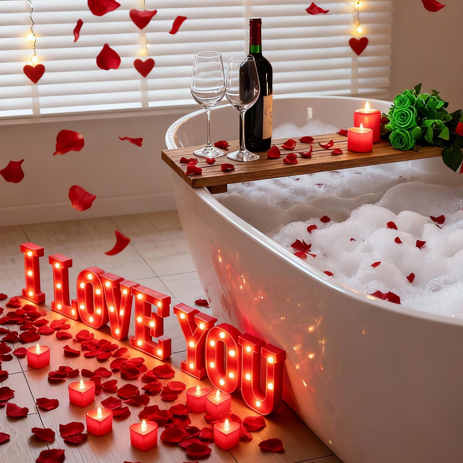 Lettres lumineuses « I Love You » avec 24 bougies LED sans flamme en forme de cœur - 2 000 faux pétales de rose - Décorations romantiques et spéciales pour la Saint-Valentin, un mariage, des