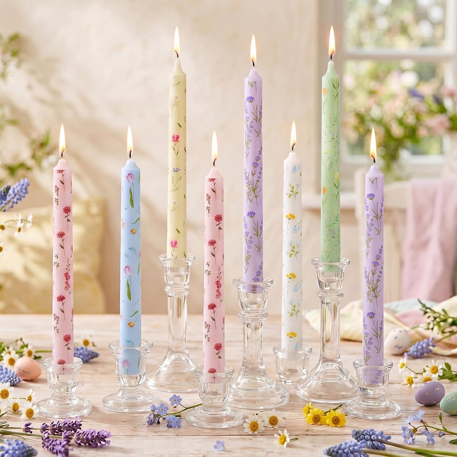 Conelist 12 Pcs 9.8" Floral Long Pillar Candles Pastel Flower Candlesticks Tall Smokeless Unscented Decorative Tapered Candles Gifts for Christmas Wedding Home Dinner Party Decorations