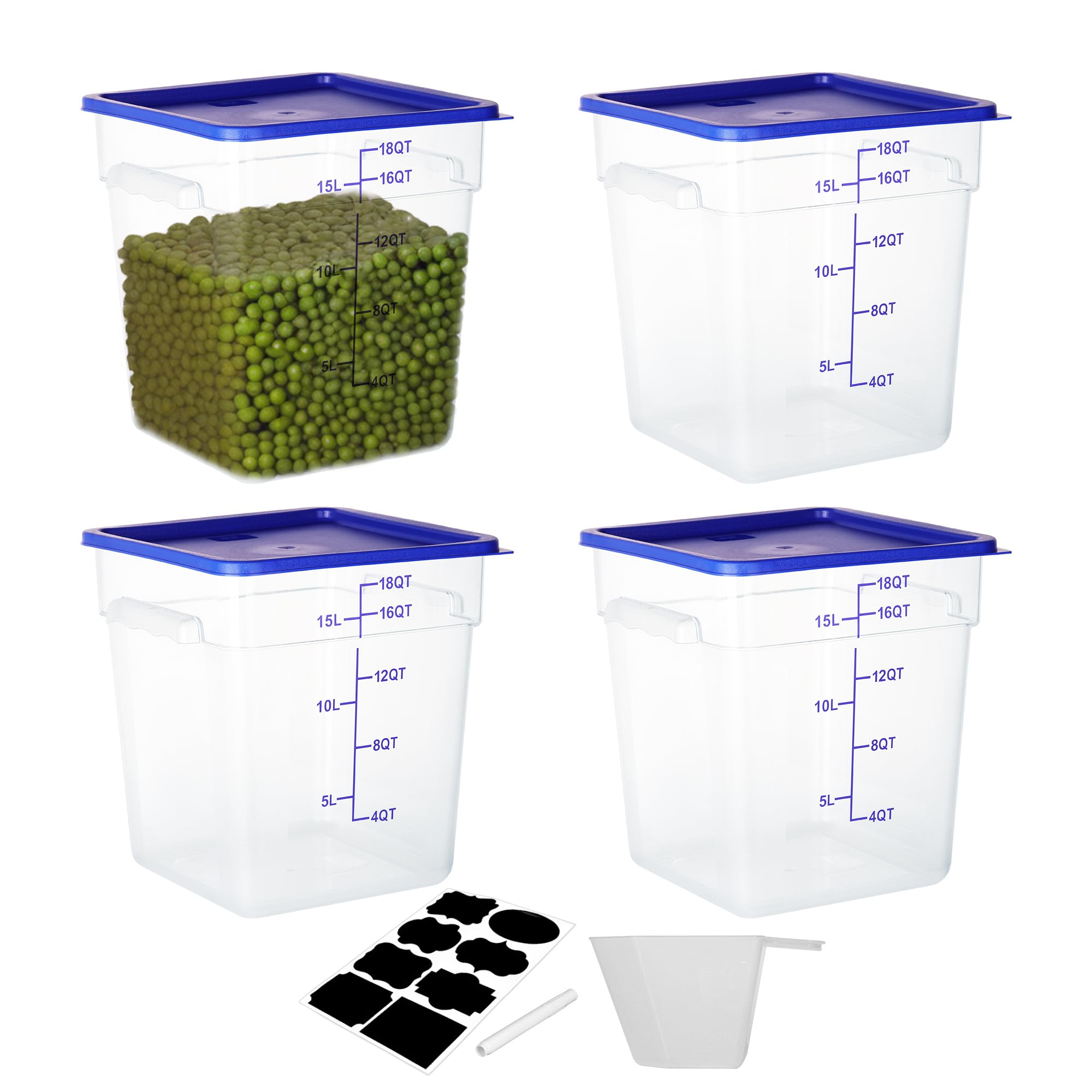 BIEAMA 4 Pack Food Storage Containers, 18 Quart Square Commercial Food Containers with Lids, NSF, Polycarbonate, Clear