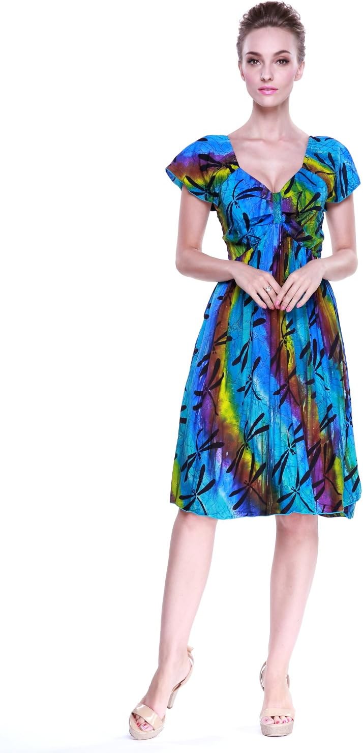 Women's Hawaiian Rahee Short Sleeve Dress Batik Blue Rainbow