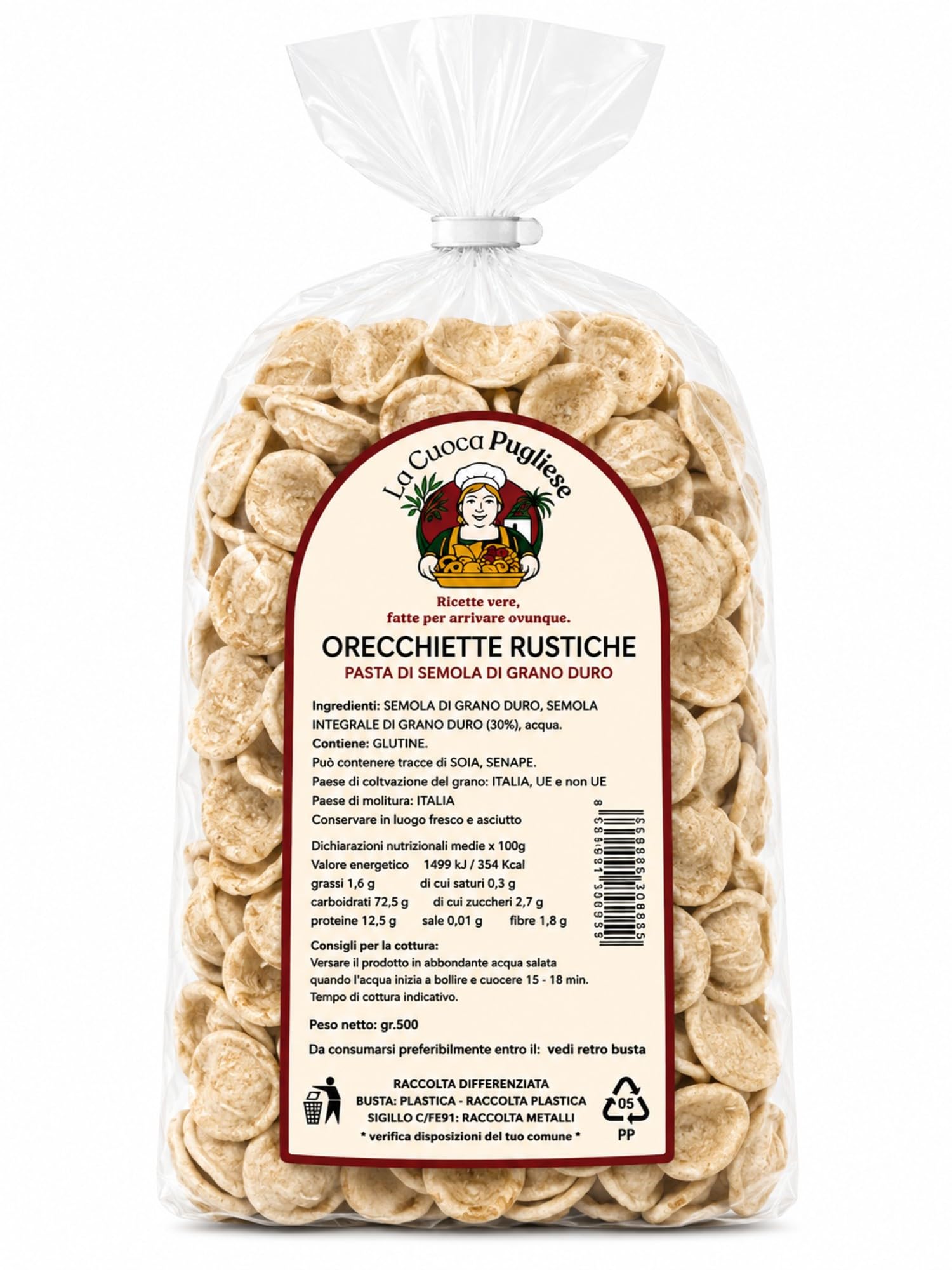 La Cuoca Pugliese - Orecchiette Rustiche, produzione artigianale pugliese, confezione da 10 pacchi x 500 g, pasta italiana