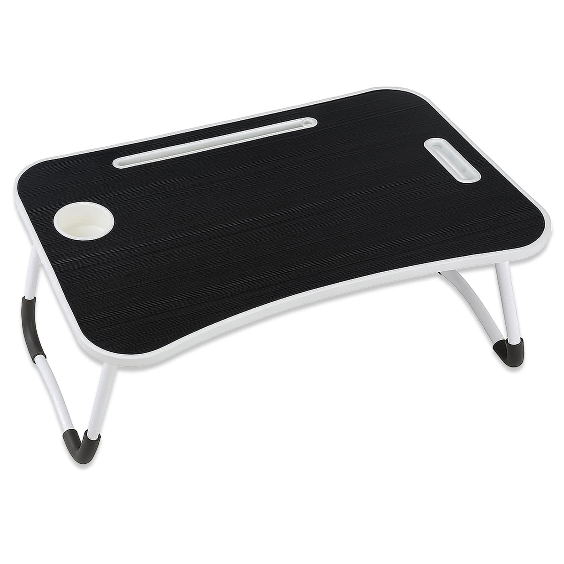 Itrend Black Laptop Bed Table, Laptop Desk With Foldable Legs & Cup Slot, Portable Tablet Notebook Stand Breakfast Bed Tray With Curved Design Charging Slot & Handle For Sofa, Bed, Terrace, Balcony,