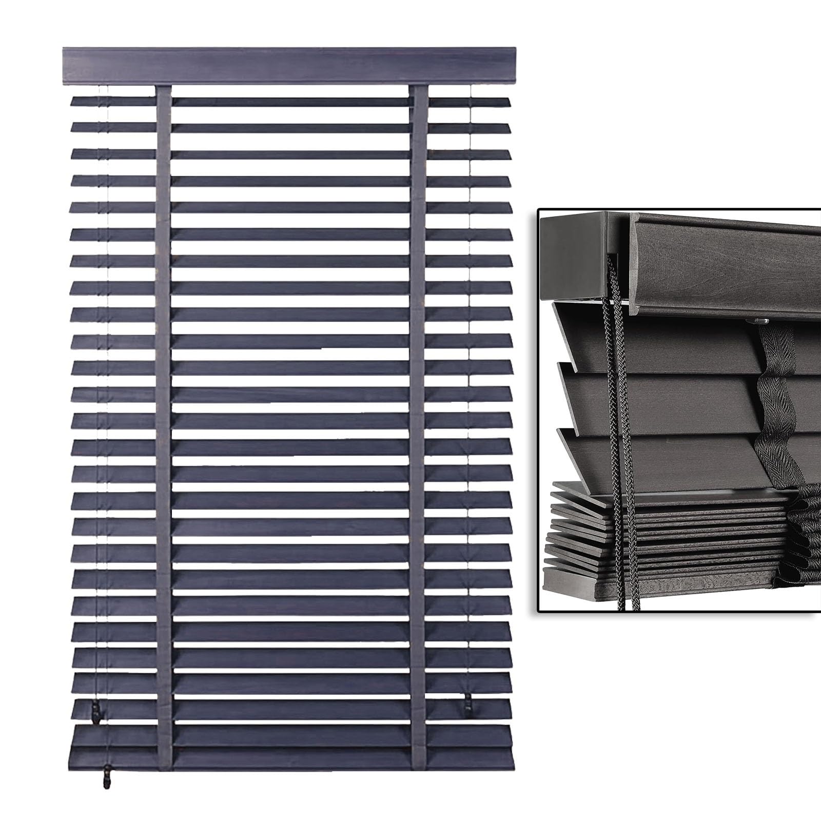 Venetian Blinds for Windows, 50mm Slats Wooden Horizontal Blinds, Natural Solid Wood Venetian Shades for Bathroom Living Room(Gray)