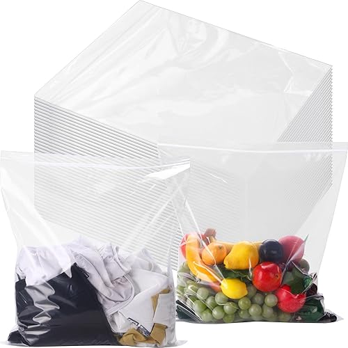 Silkfly 50 bolsas de almacenamiento grandes de plástico de 20 x 23 pulgadas con cremallera superior, bolsas de almacenamiento transparentes de