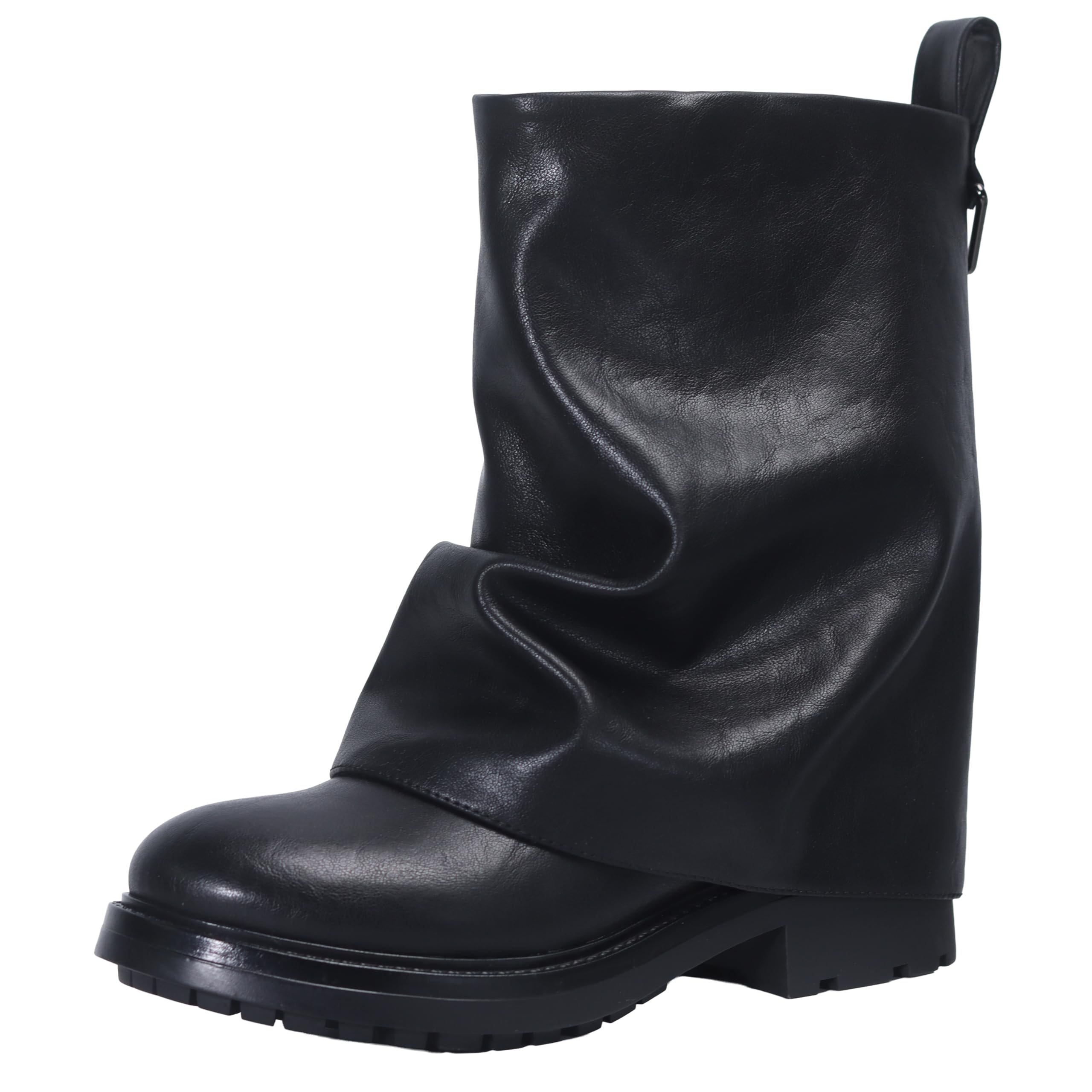 Womens Fold Over Ankle Boots with Zipper - Trendy Wide Calf Pull On Boots with Round Toe