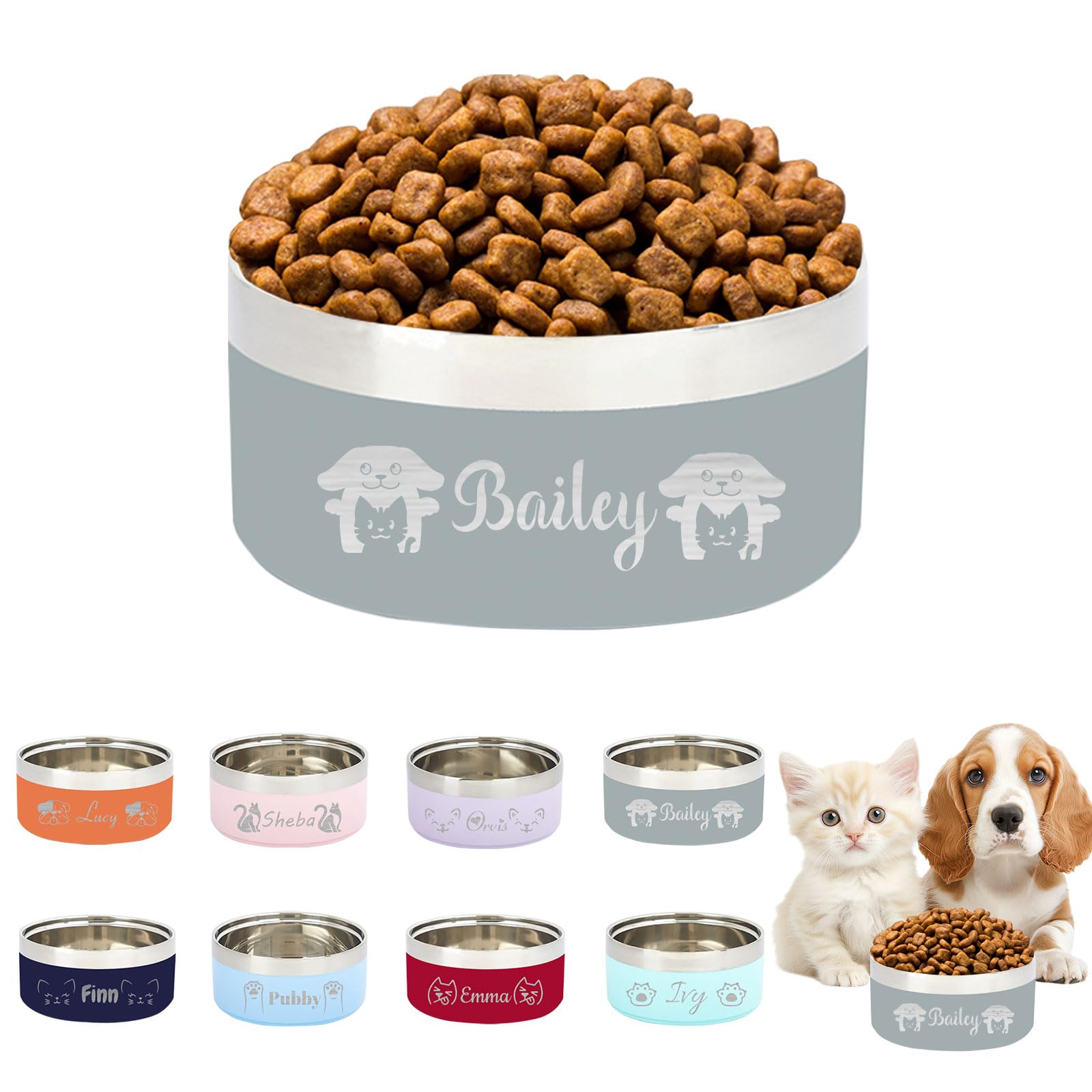 Customized Name Stainless Steel Cat & Dog Pet Bowl, Personalized Engraving Custom Dog Food and Water Bowls, Cute Double-Layer Non-Slip Cat Food Bowl for Customizable Pet Gifts - Gray