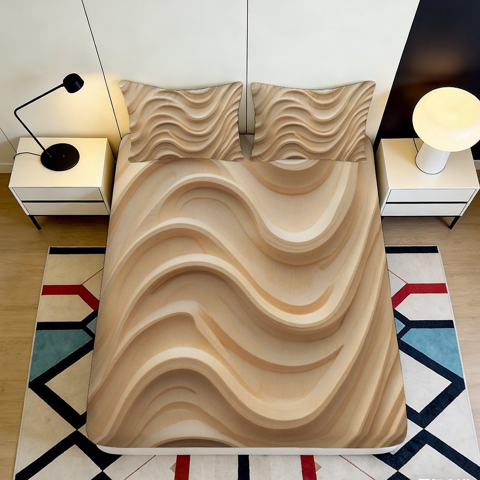 3D Printed sand wave Fitted Sheet, Microfiber soft touch, wrinkle resistant, bedroom decor, guest room bedding, mattress protection, easy care, beige abstract 120x200x25cm