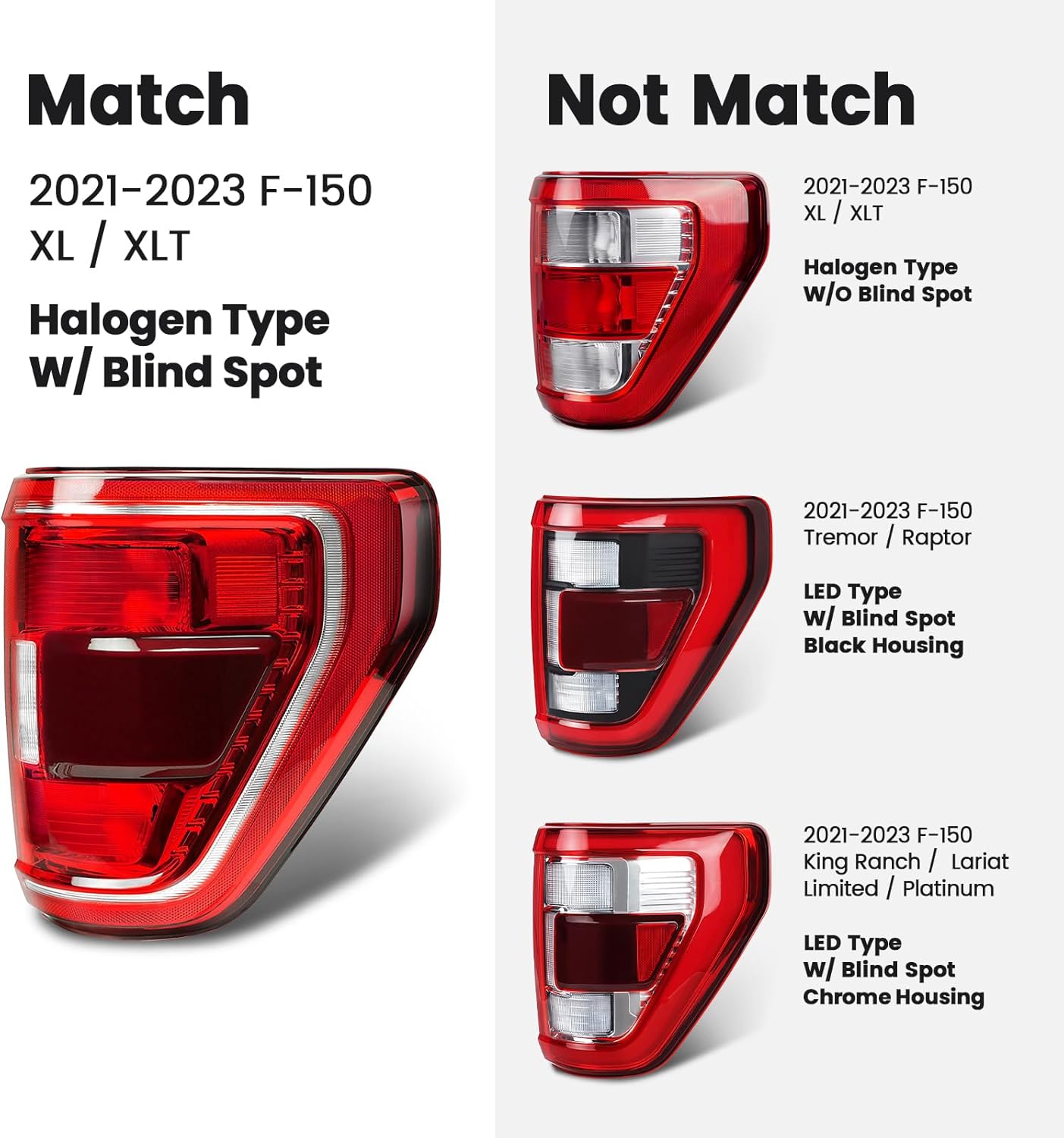 Tail Light Compatible with 2021 2022 2023 Ford F150 XL XLT Halogen Type Taillight w/Blind Spot Rear Turn Signal Brake Lamp Assembly Replacement ML3Z13404C (Right Passenger Side)