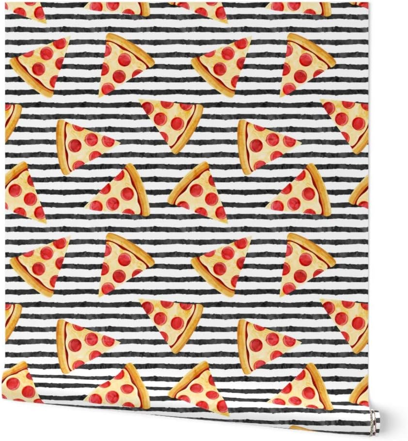 Removable Wallpaper 12ft x 2ft - Pizza Black Stripes Food Trendy Hipster Junk Pepperoni Custom Pre-Pasted Wallpaper by Spoonflower