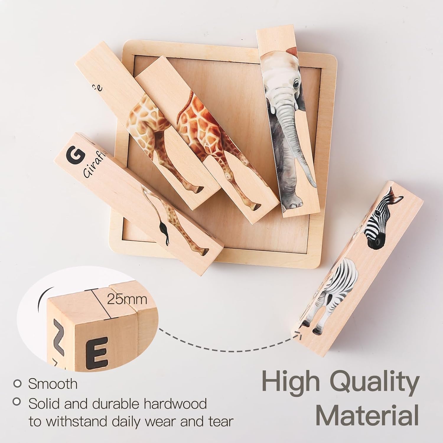 Wooden Safari Animals Learning Puzzle Set, 4-in-1 Block Puzzles for Toddlers 18 Months+, Educational Montessori Toys with Storage Tray