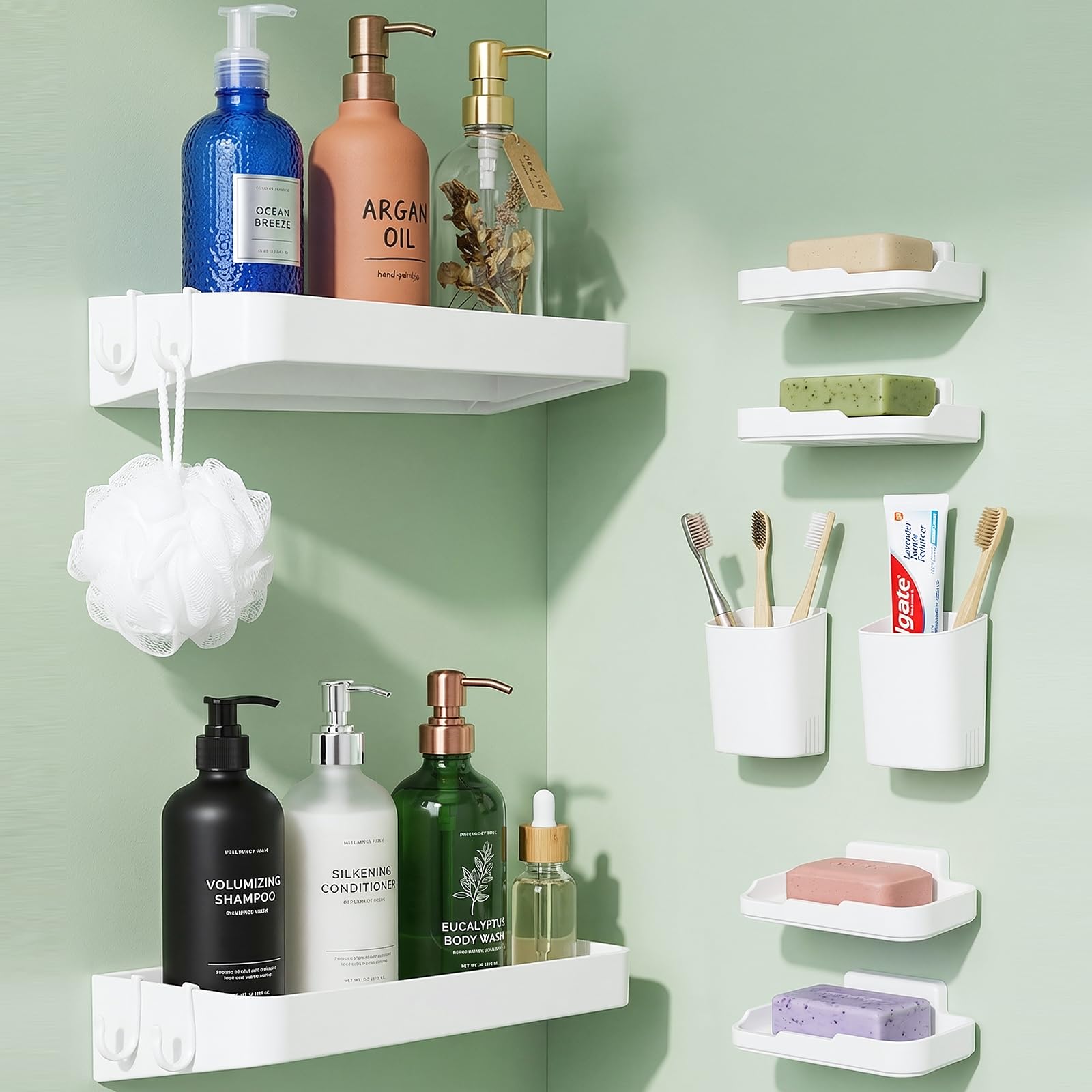 Realure 8Pcs 3‑Type Drill‑Free Shower Caddy Set, Rustproof Adhesive Bathroom Shelves with Soap & Toothbrush Holders and 8 Removable Hooks, Waterproof Wall Mount Bathroom Storage Organiser for Shower
