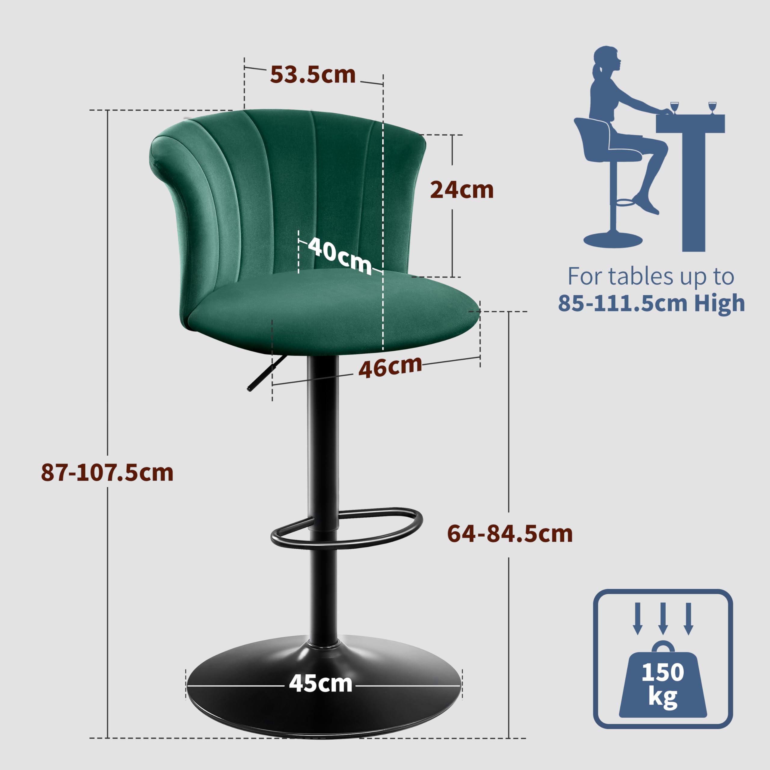STOOLINK 2er Set Barhocker Höhenverstellbar Barstuhl Seidensamtstoff, Küchenhocker 360° Drehbar, Barhocker mit Lehne, Tresenhocker 150kg Belastbar für Küche, Esszimmer-Grün