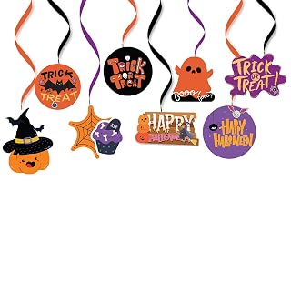 Festiko® Halloween Theme Party Hanging Ceiling Decoration Items - 8 Pcs Swirl Cutouts & 8 Pcs Swirl Ribbons, Black & Orange Party Favors (Swirls)