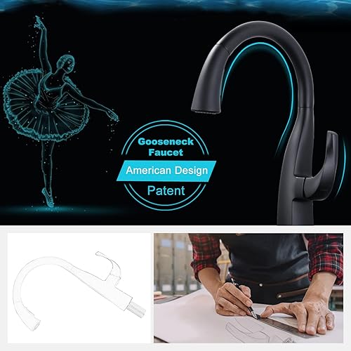 Miniatura 4 de WOWOW Grifos de cocina, grifo de cocina negro con rociador extraíble, elegante grifo de cuello de cisne de un solo mango, 1 o 3 agujeros, grifos de