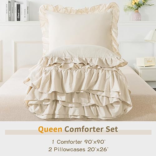 Miniatura 5 de Andency Juego de edredón beige tamaño Queen, juego de edredón suave y ligero con volantes lisos, 3 piezas, para todas las estaciones, estilo rural,