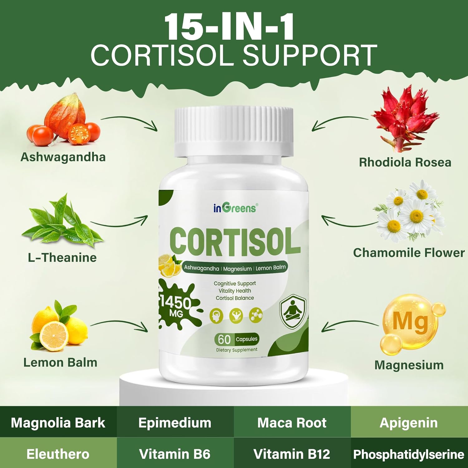 inGreens Cortisol Supplement, 15-in-1 Cortisol Manager with Ashwagandha, L-Theanine & Magnesium, Supports Cortisol Health, Relaxation & Restful Sleep, 120 Capsules