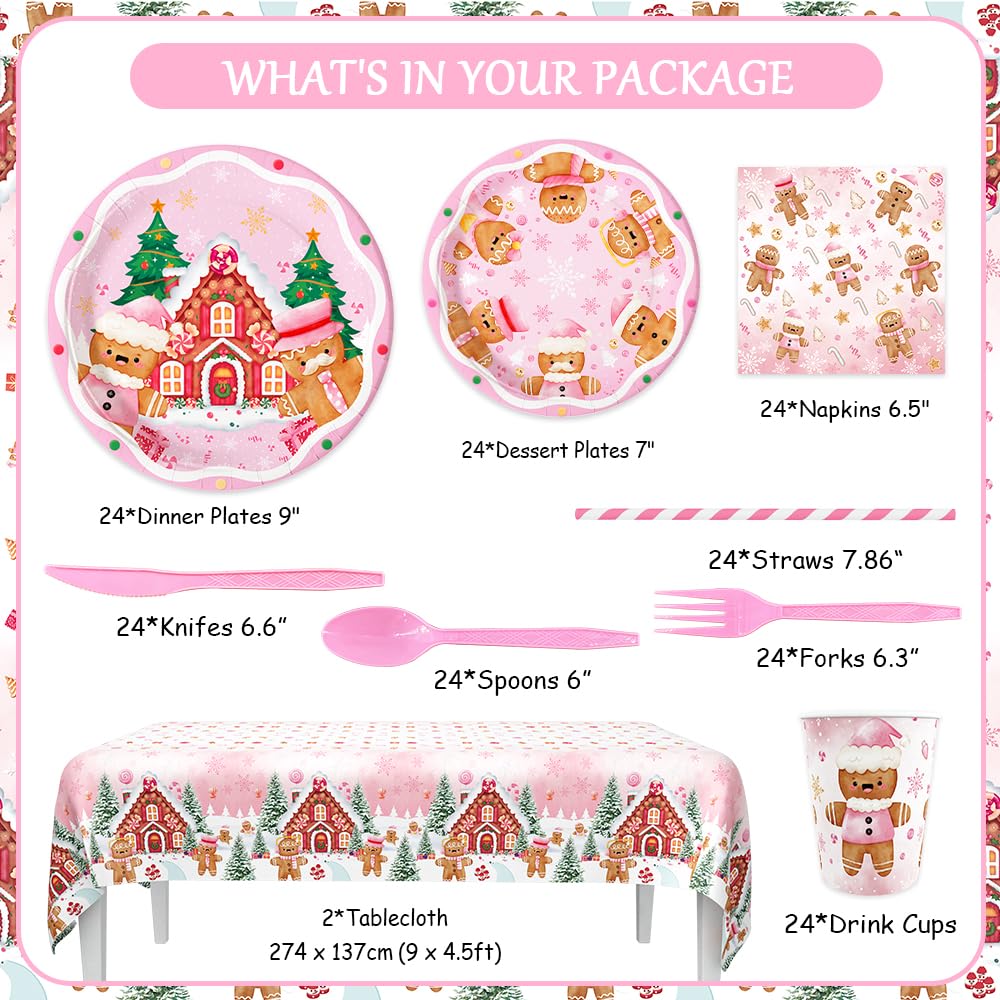AIBIIN 194 Pcs Christmas Party Supplies Decorations Pink Gingerbread Party Decorations Gingerbread House Cookie Christmas Disposable Tableware Set with Plates Napkins and Tablecloth Serves 24 Guests