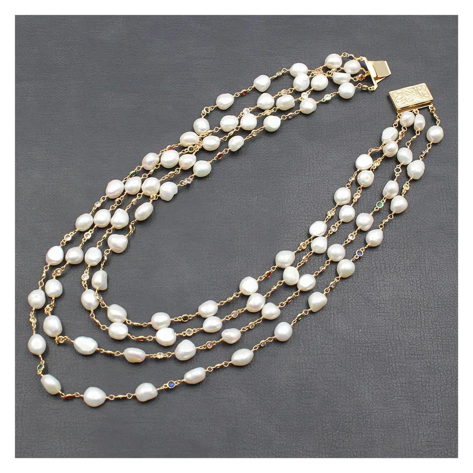 Joyería Collar de cadena de circonita cúbica multicolor con perlas barrocas blancas de agua dulce de 4 hebras de 18.0 in