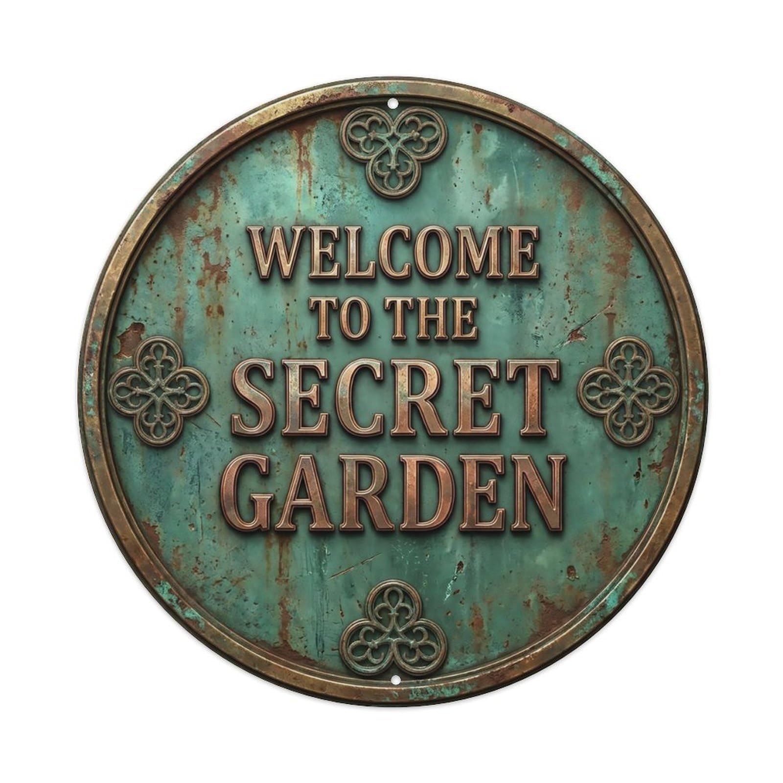 Vintage Welcome Secret Garden Geared Trefoil Metal Tin Sign