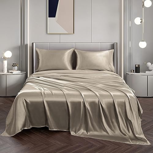 Miniatura 4 de Vonty Juego de sábanas de satén suave y sedosas, tamaño matrimonial, 1 sábana bajera de bolsillo profundo + 1 sábana encimera + 2 fundas de almohada